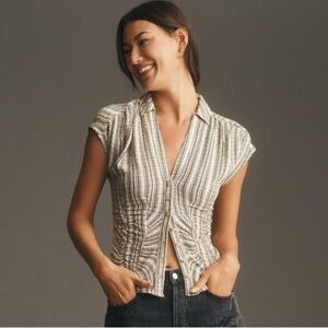 Anthropologie Pilcro Short-Sleeve Ruched Button Down Striped Collared Slim Top